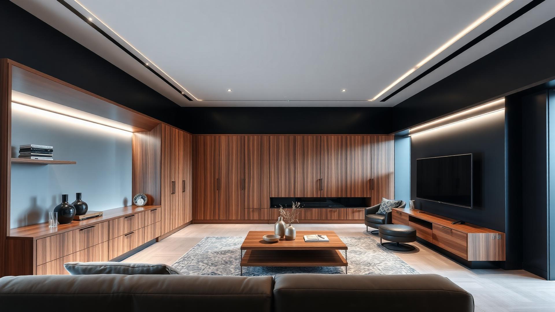 Sala de estar com painel de TV e marcenaria em madeira nogueira