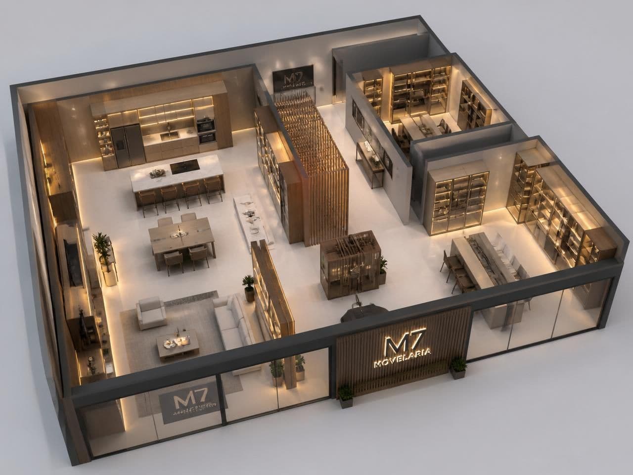 Vista isométrica em 3D de ambientes com marcenaria planejada integrada