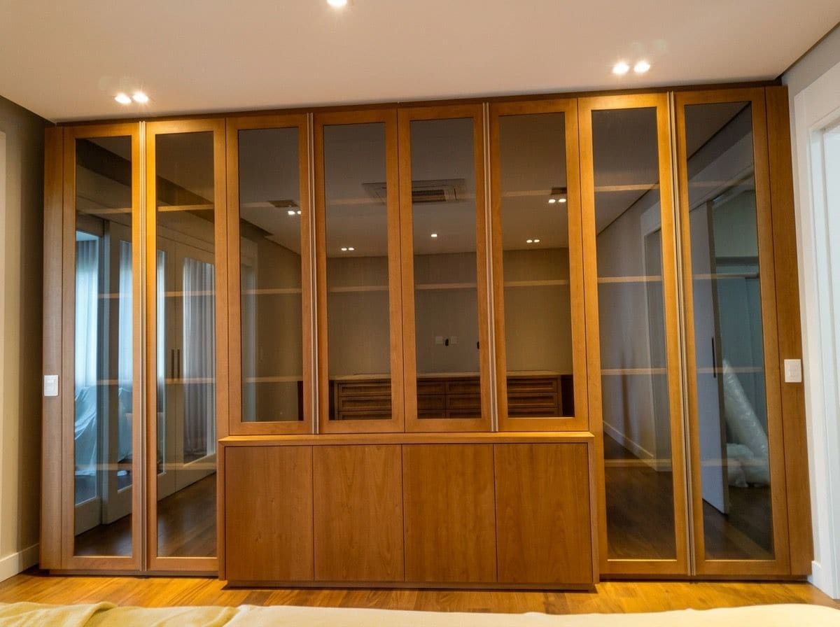Guarda-roupa do piso ao teto com portas de vidro fumê emolduradas em acabamento amadeirado e armário baixo de quatro portas integrado ao centro, em dormitório com piso de madeira