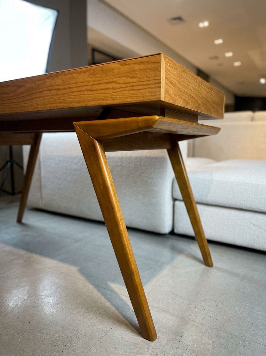 Detalhe de mesa com tampo espesso e pés inclinados afunilados em madeira maciça, mostrando o encaixe do pé no suporte sob o tampo