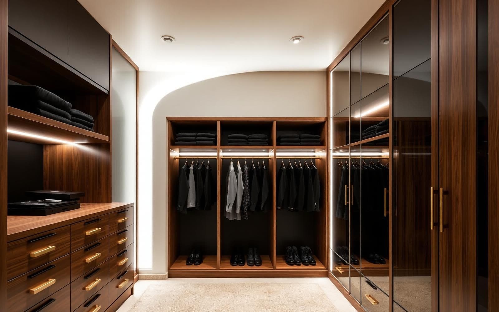 Closet planejado com araras iluminadas em LED, gaveteiros internos e prateleiras