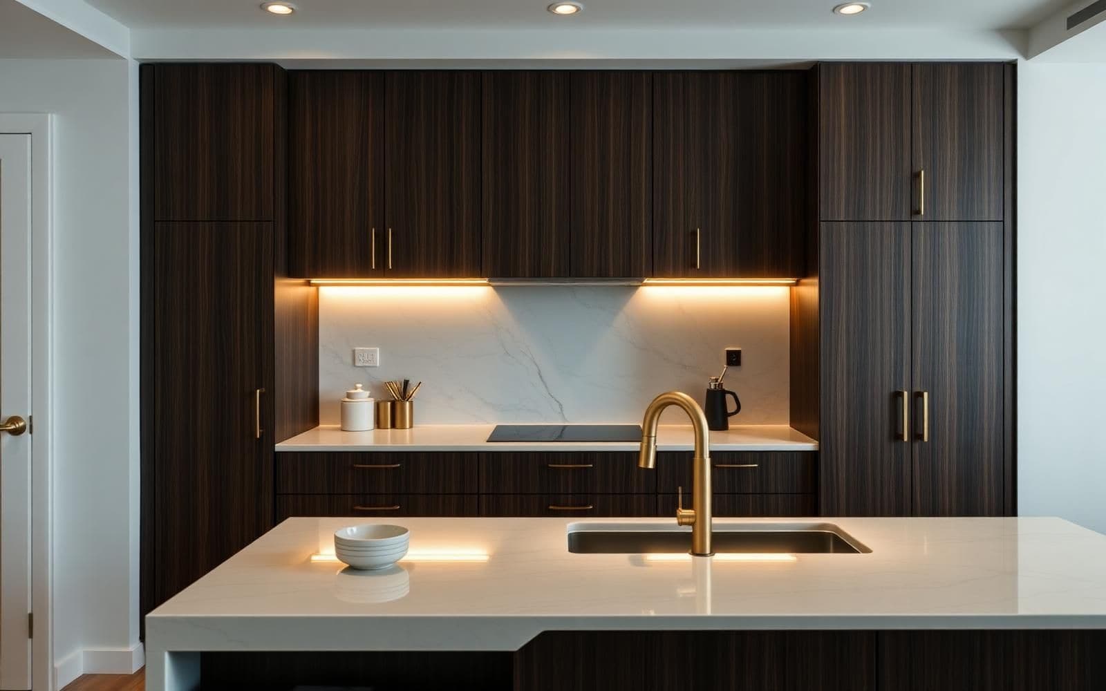 Cozinha planejada com bancada em quartzo, armários superiores e iluminação em LED embutida