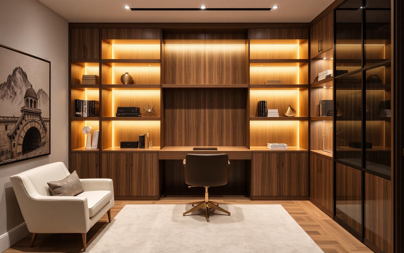 Home office com estante iluminada sob medida